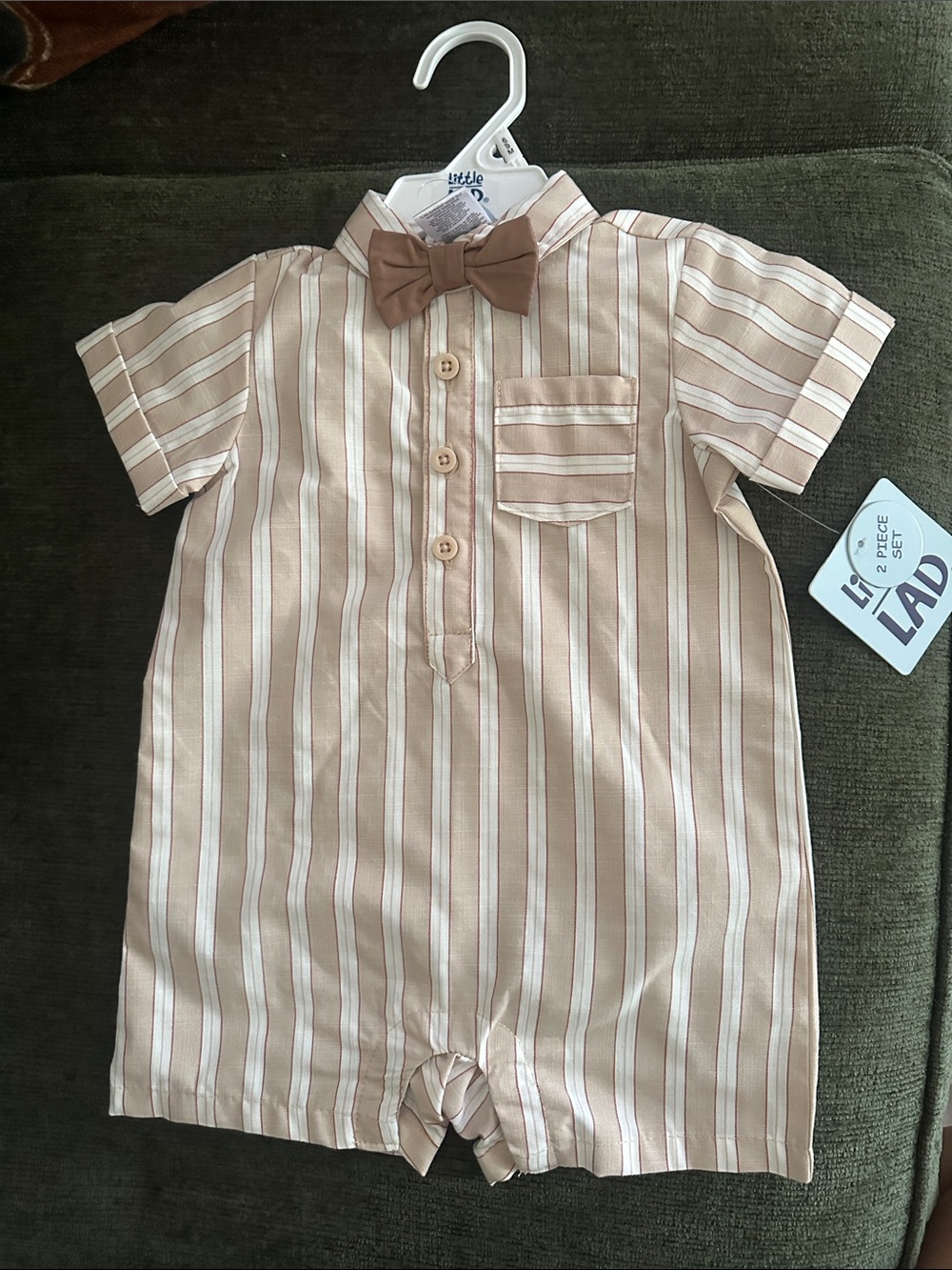 Little Lad Tan Stripe Baby One-Piece with Bow Tie